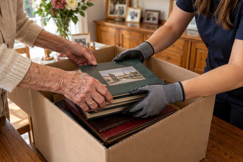 Mains âgées et mains d'une déménageuse rangeant des albums photo dans un carton
