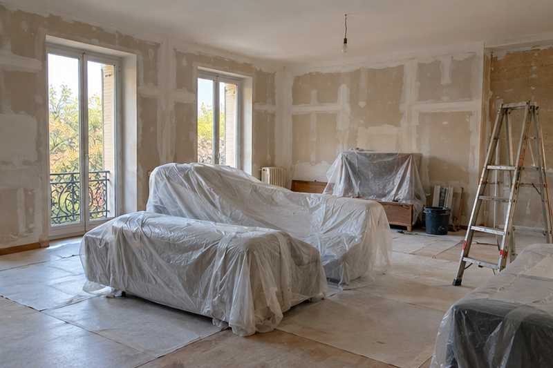 Meubles sous housses au milieu d'un appartement en travaux