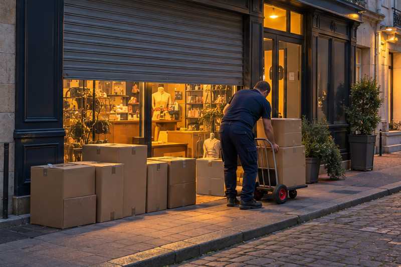 Cartons alignés devant une boutique de centre-ville au rideau à moitié baissé