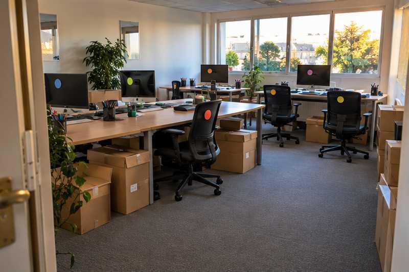 Postes de travail repérés par des pastilles de couleur dans un bureau