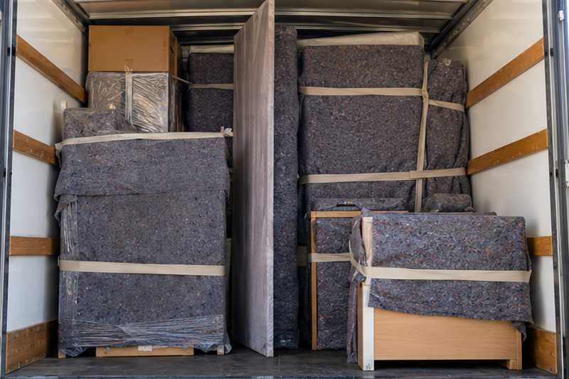 Mobilier sanglé contre les parois dans la caisse d'un camion