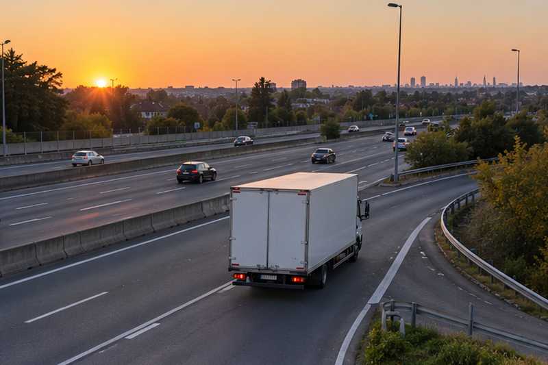 Camion de déménagement s'engageant sur une bretelle d'autoroute au petit matin