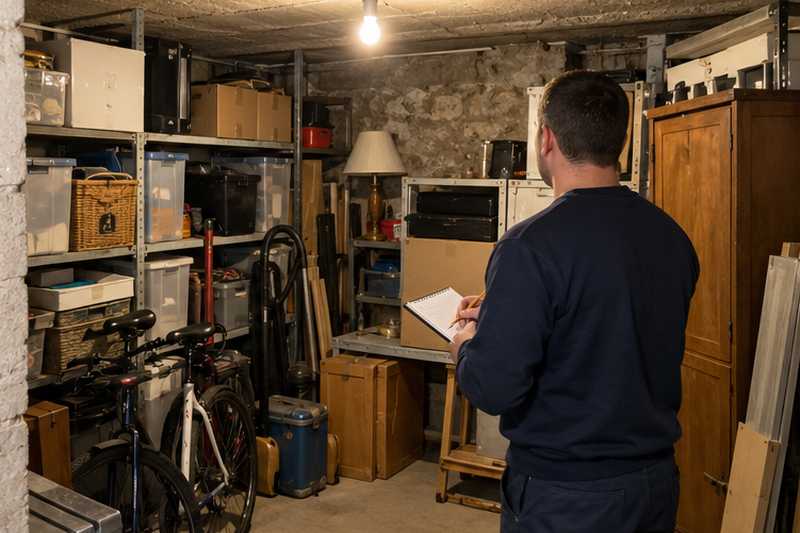 Déménageur prenant des notes devant les étagères d'une cave encombrée