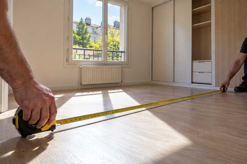 Deux mains déroulant un mètre au sol d'une chambre de résidence vide