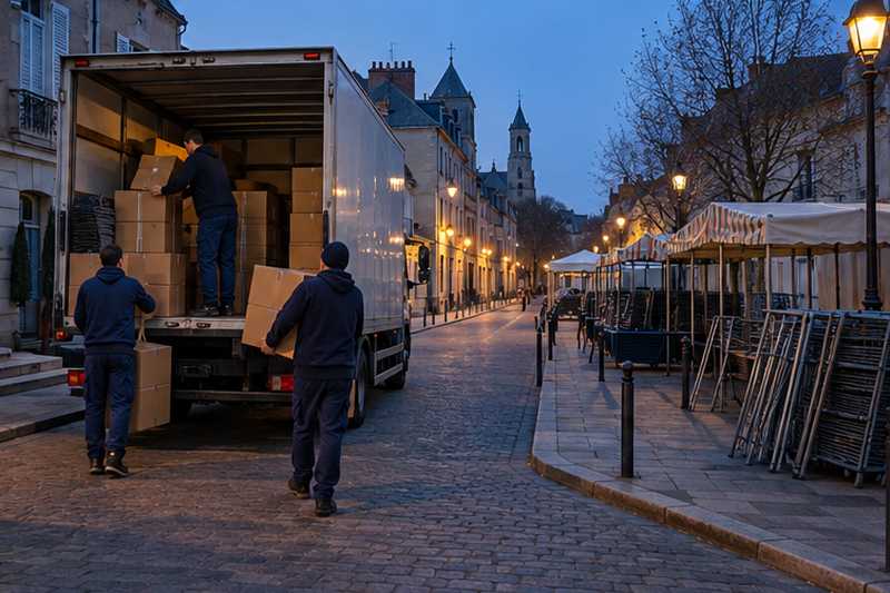 Équipe chargeant un camion au petit matin dans une rue encore vide