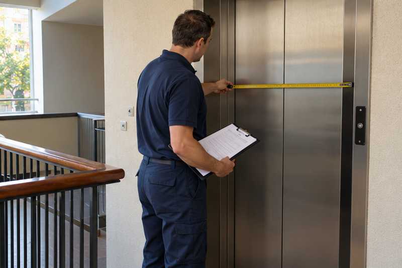 Conseiller mesurant la porte d'un ascenseur sur un palier