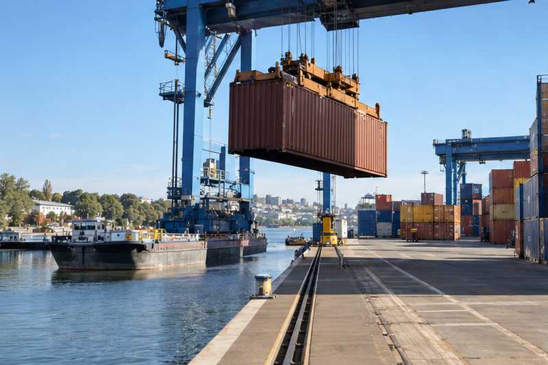 Conteneur maritime soulevé sur un quai fluvial