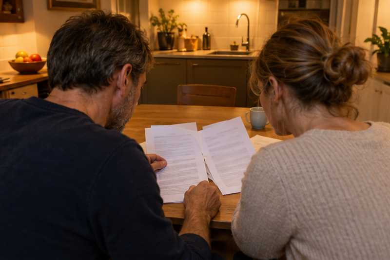 Couple lisant ensemble un document de plusieurs pages à une table