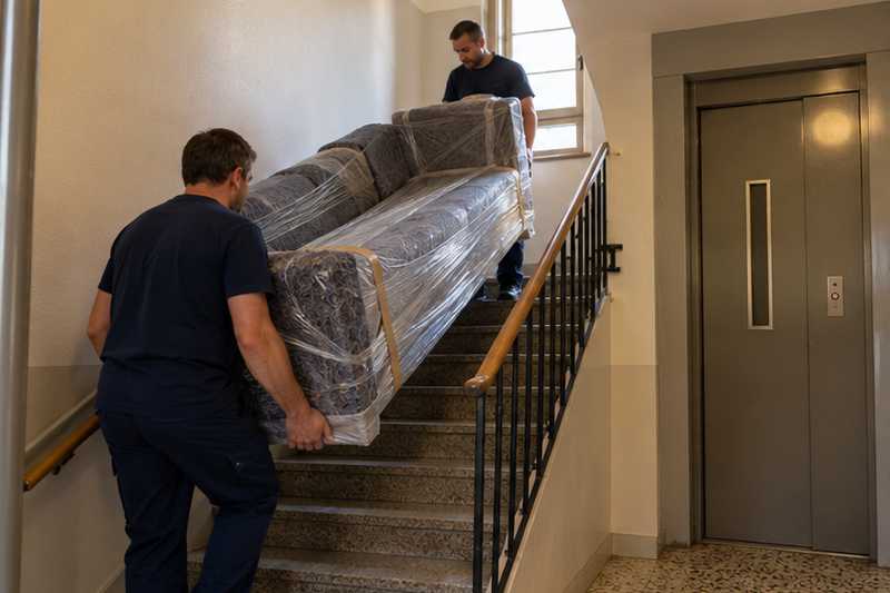 Canapé trois places emballé dans un escalier, ascenseur trop court