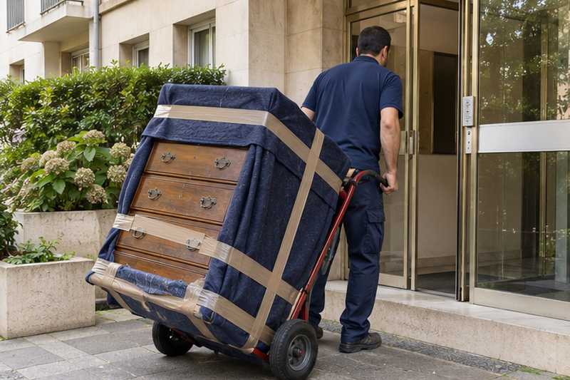 Commode aux tiroirs bloqués sous couvertures sur un diable