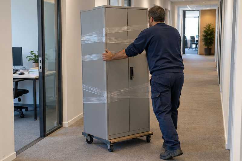 Armoire métallique de rangement sur chariot dans un couloir de bureaux