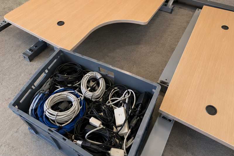 Câbles informatiques regroupés dans un bac à côté d'un bureau d'angle démonté