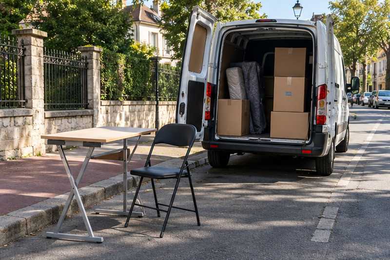 Bureau pliant et chaise posés devant un petit utilitaire
