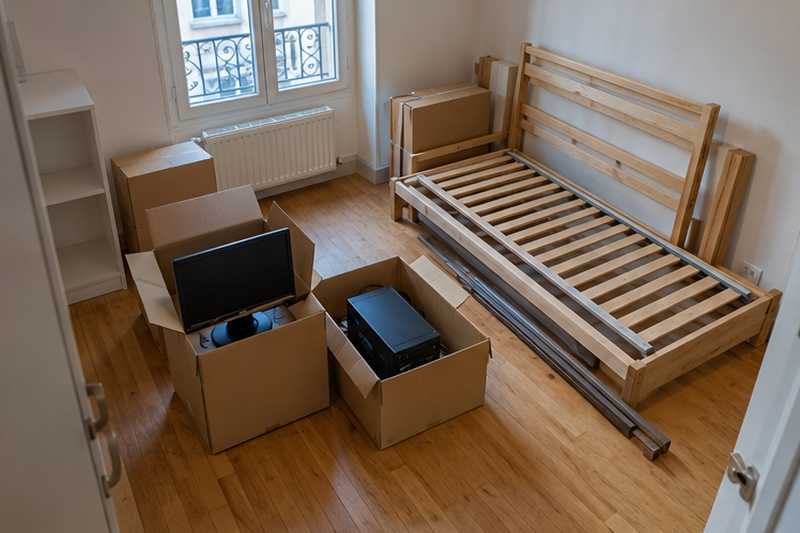 Écran et tour d'ordinateur dans leur carton d'origine près d'un lit démonté