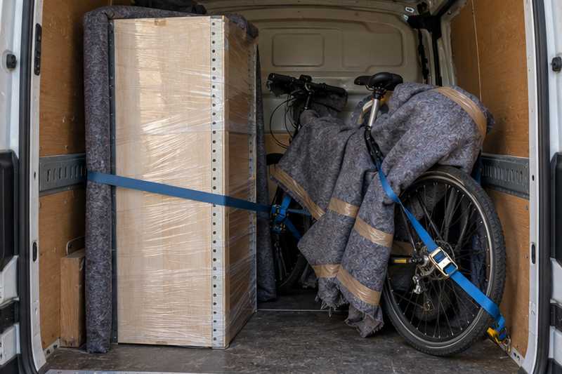 Étagère en kit démontée et vélo dans un petit utilitaire