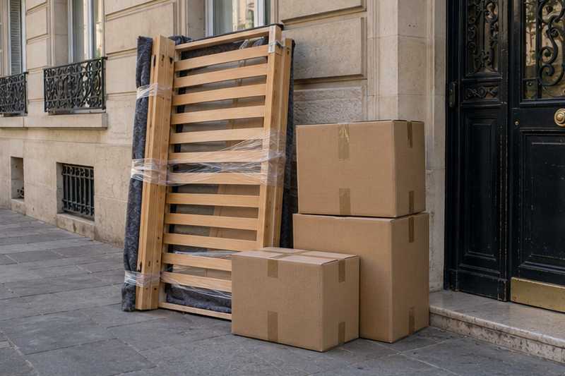 Lit une place démonté et cartons renforcés sur un trottoir