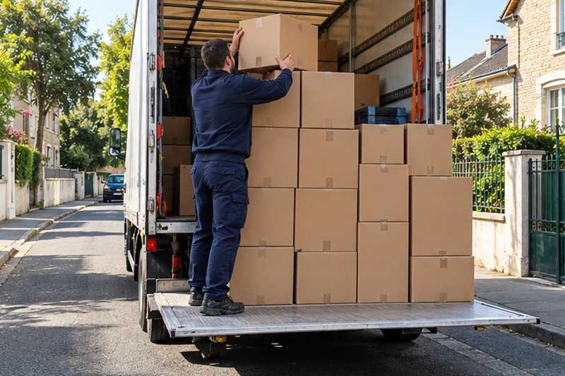 Pile de cartons de livres fermés près d'un hayon de camion