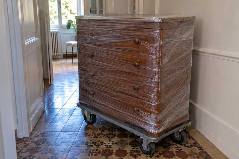 Commode à six tiroirs fermés par du film étirable