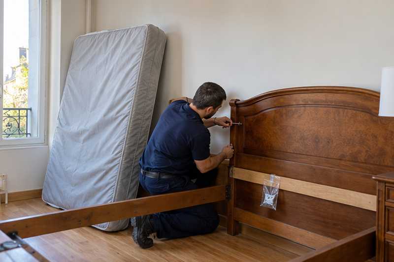 Déménageur dévissant un lit double dans une chambre