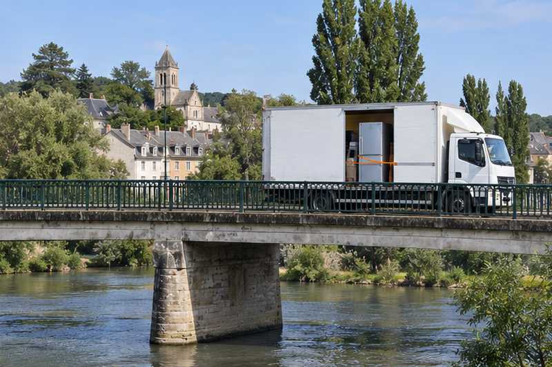 Camion de déménagement traversant la Seine sur un pont