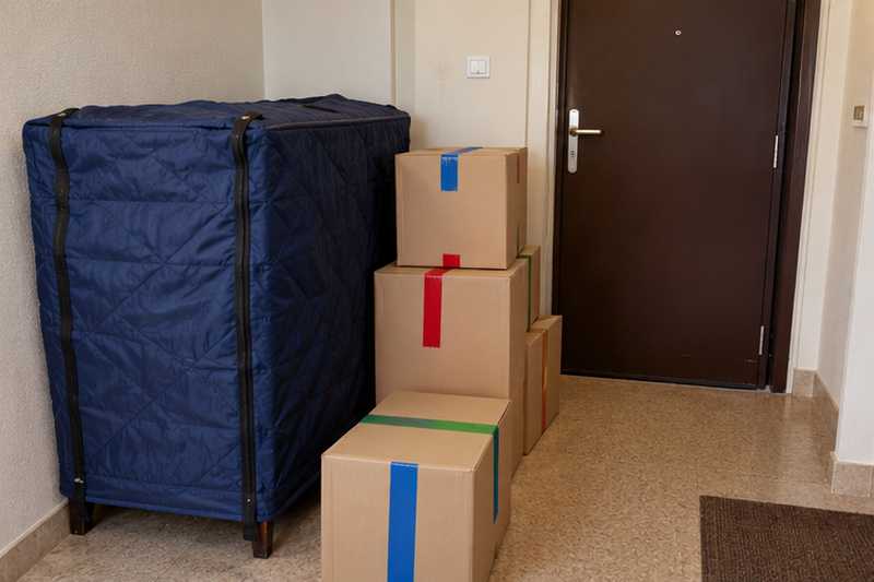 Petit buffet sous housse zippée près de la porte d'un appartement