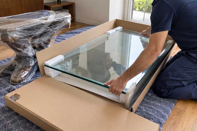 Plateau de table basse en verre emballé à part dans un carton plat