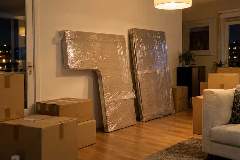 Bureau d'angle démonté la veille, panneaux appuyés dans un salon