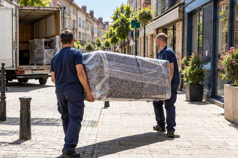 Canapé trois places porté sur la tranche dans une rue de centre-ville