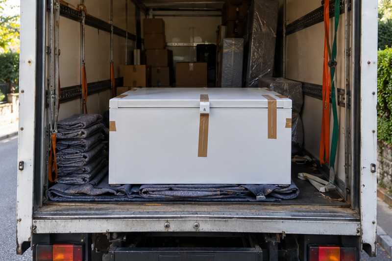 Congélateur coffre posé à plat sur des couvertures
