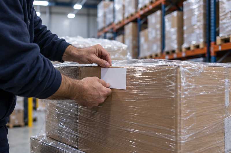 Main posant une étiquette vierge sur un carton d'une palette en entrepôt