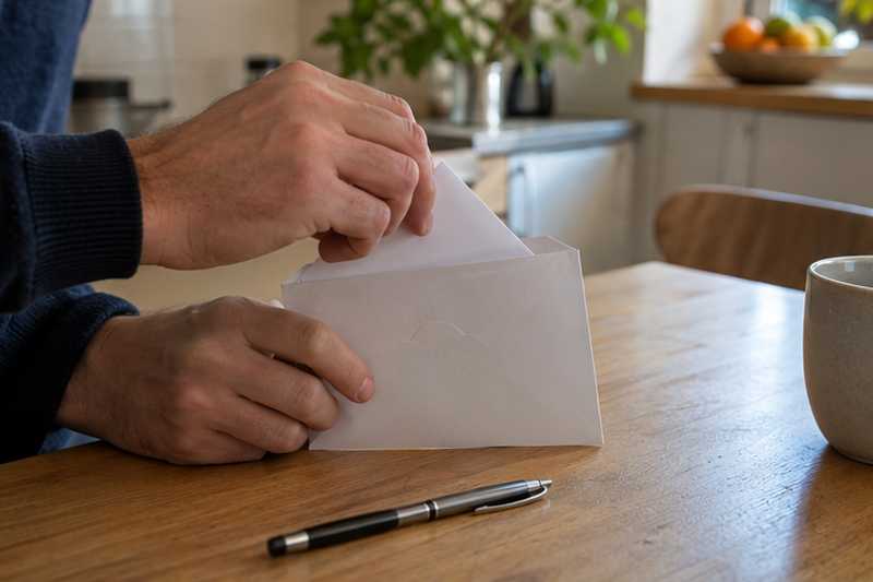 Main glissant une lettre pliée dans une enveloppe sur une table de cuisine
