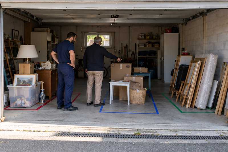 Objets triés en trois tas distincts dans un garage