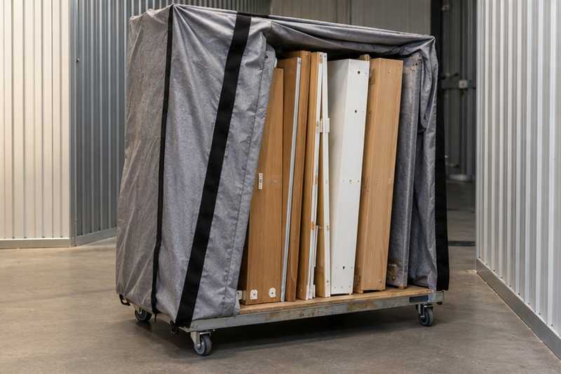 Armoire démontée sous housse respirante sur une palette roulante