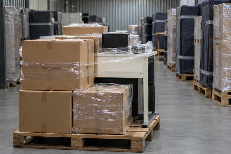 Cartons et bureau démonté rangés par zone sur palettes