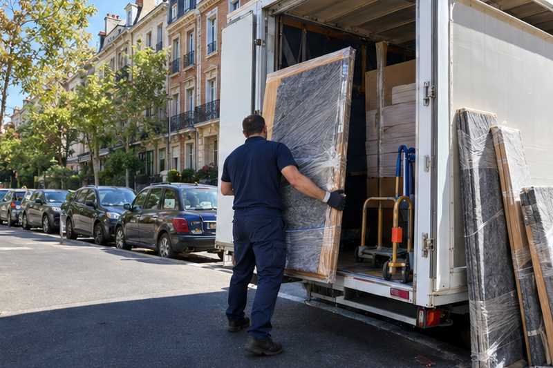 Bureau d'angle démonté chargé dans un camion sur une chaussée animée