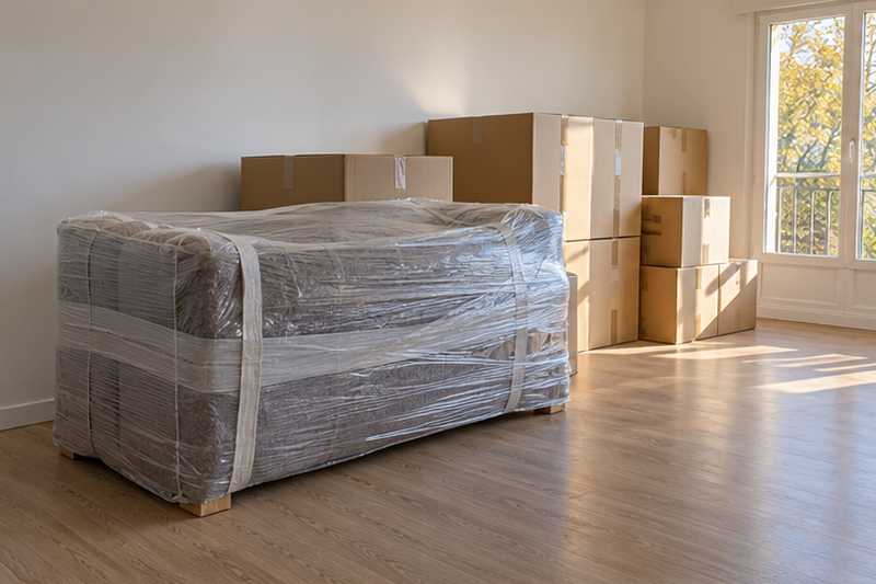 Canapé convertible sous film à côté de cartons renforcés
