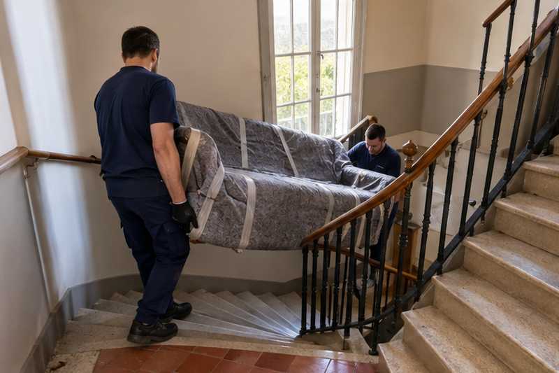 Canapé trois places emballé descendant un escalier