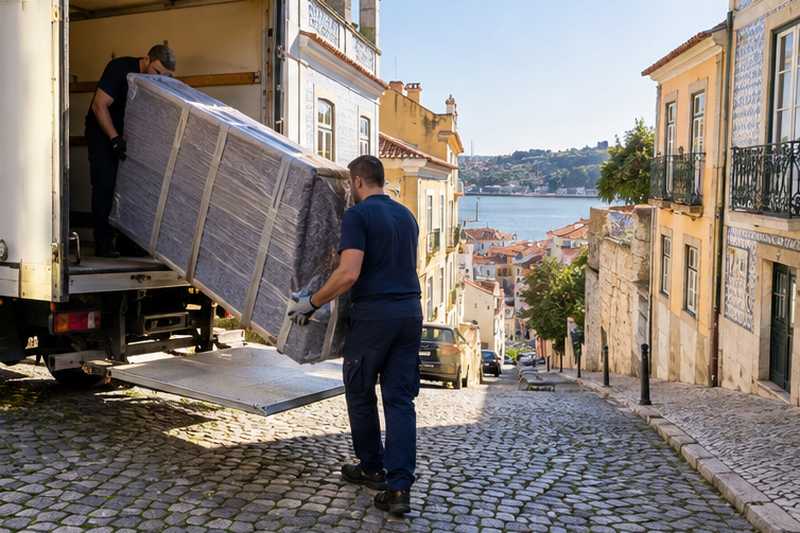 Lit double emballé à plat déchargé dans une rue pavée en pente