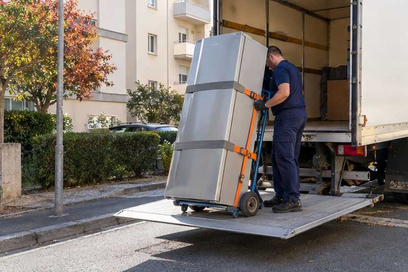 Réfrigérateur combiné descendu par le hayon d'un camion