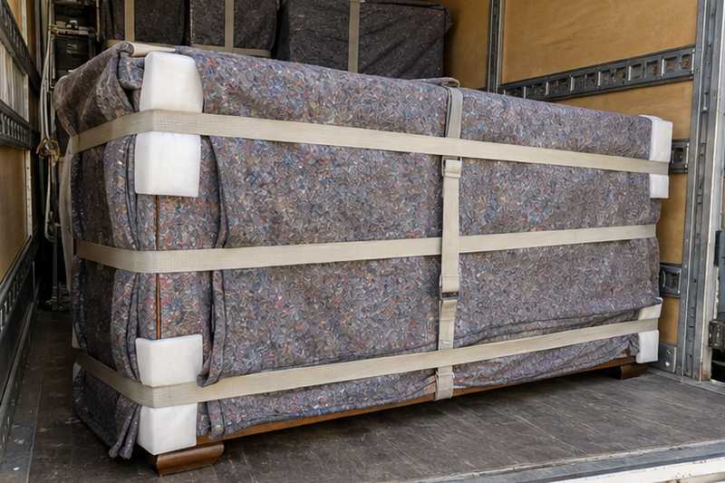 Buffet en chêne sous couvertures sanglé contre la cloison d'un camion