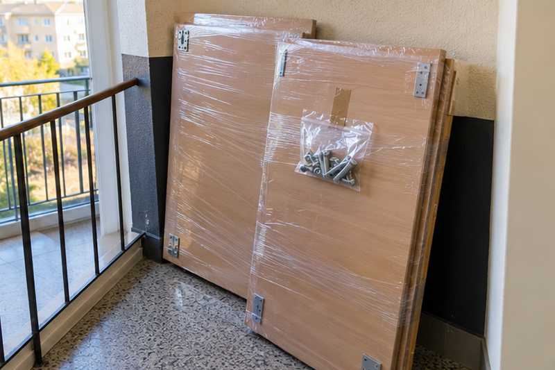 Plateaux de bureau emballés et quincaillerie étiquetée sur un palier