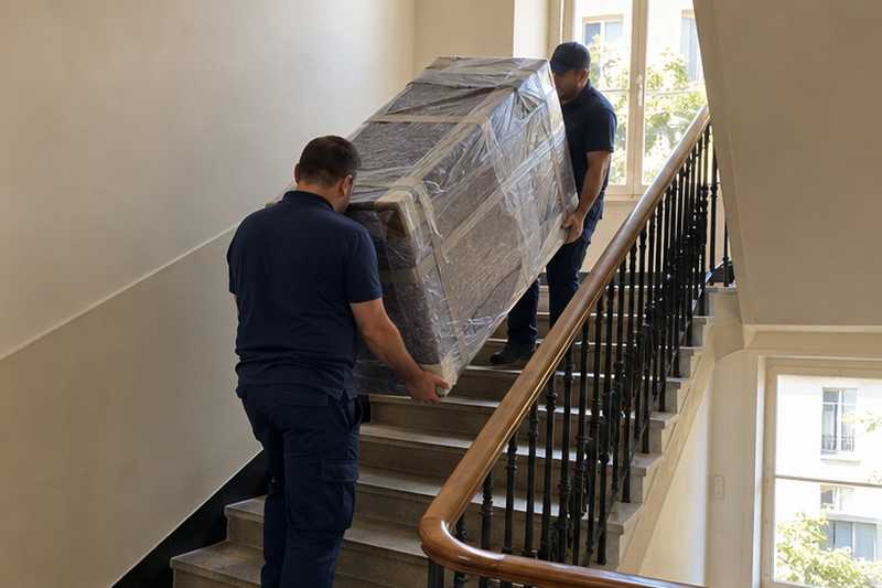 Déménageurs portant une commode sur la tranche dans un escalier