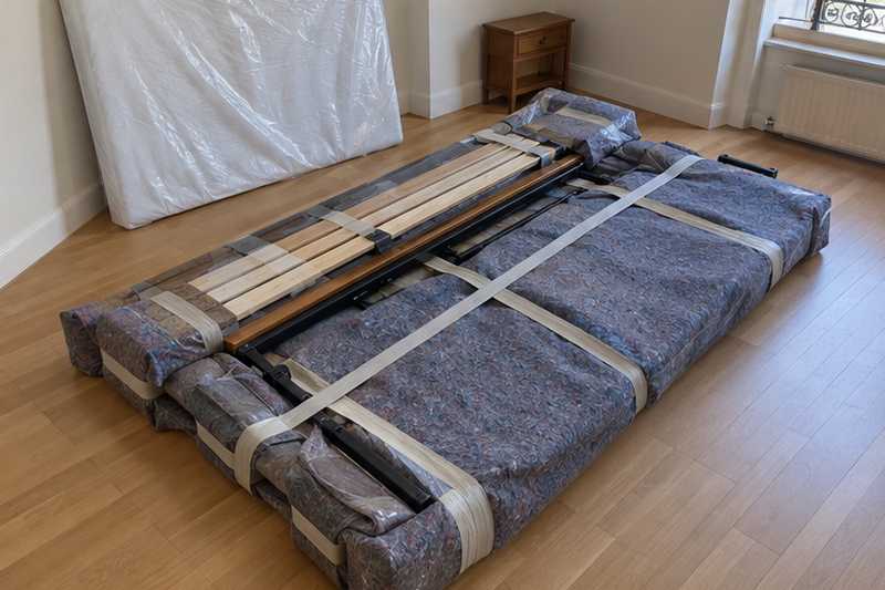 Montants d'un lit double regroupés à plat sous couvertures