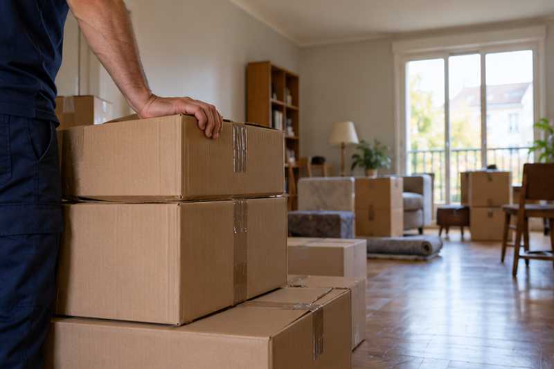 Main posée sur une pile de cartons fermés dans un salon