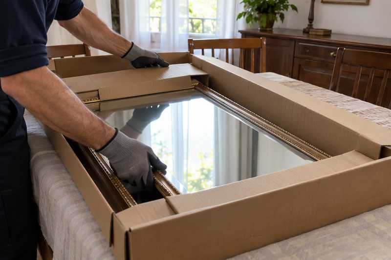 Mains gantées glissant un miroir dans un carton plat de protection