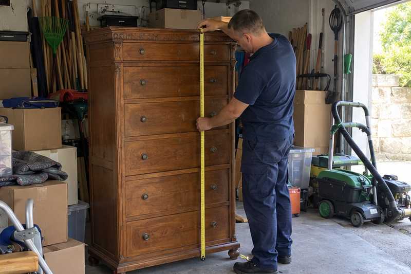 Déménageur mesurant une commode dans un garage encombré
