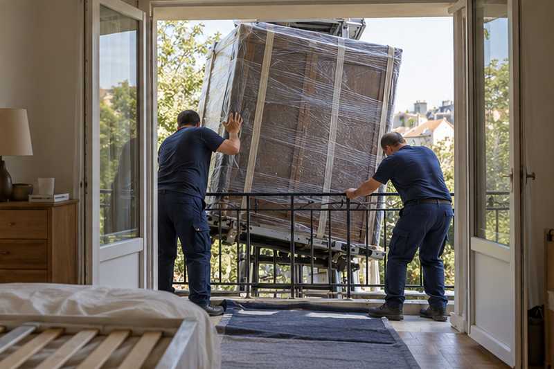 Armoire trois portes passée par un balcon sur un monte-meuble