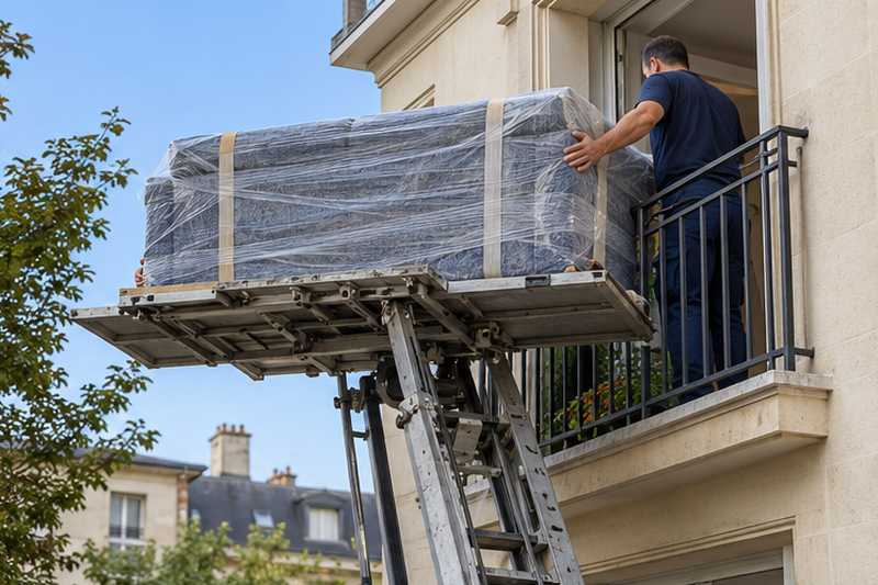 Canapé trois places sur le plateau d'un monte-meuble au niveau d'un balcon