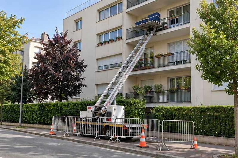 Monte-meuble déployé vers un balcon, pied entouré de barrières sur le trottoir