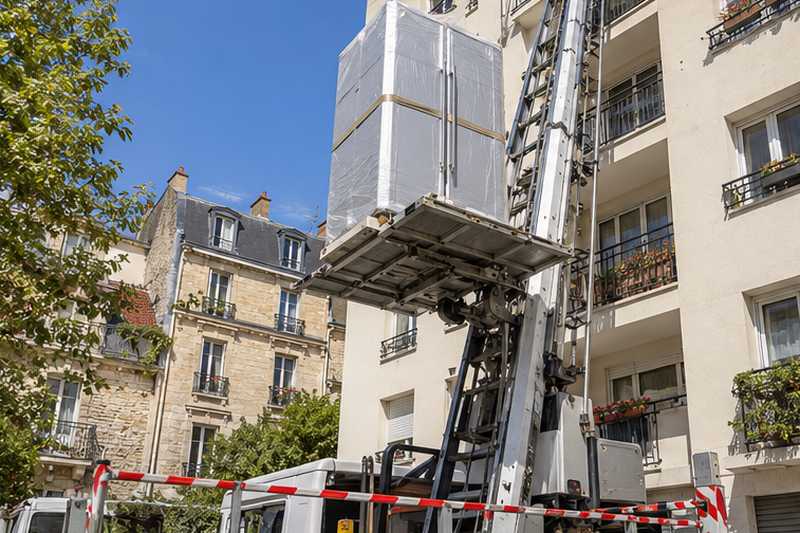 Réfrigérateur américain hissé par monte-meuble le long d'une façade